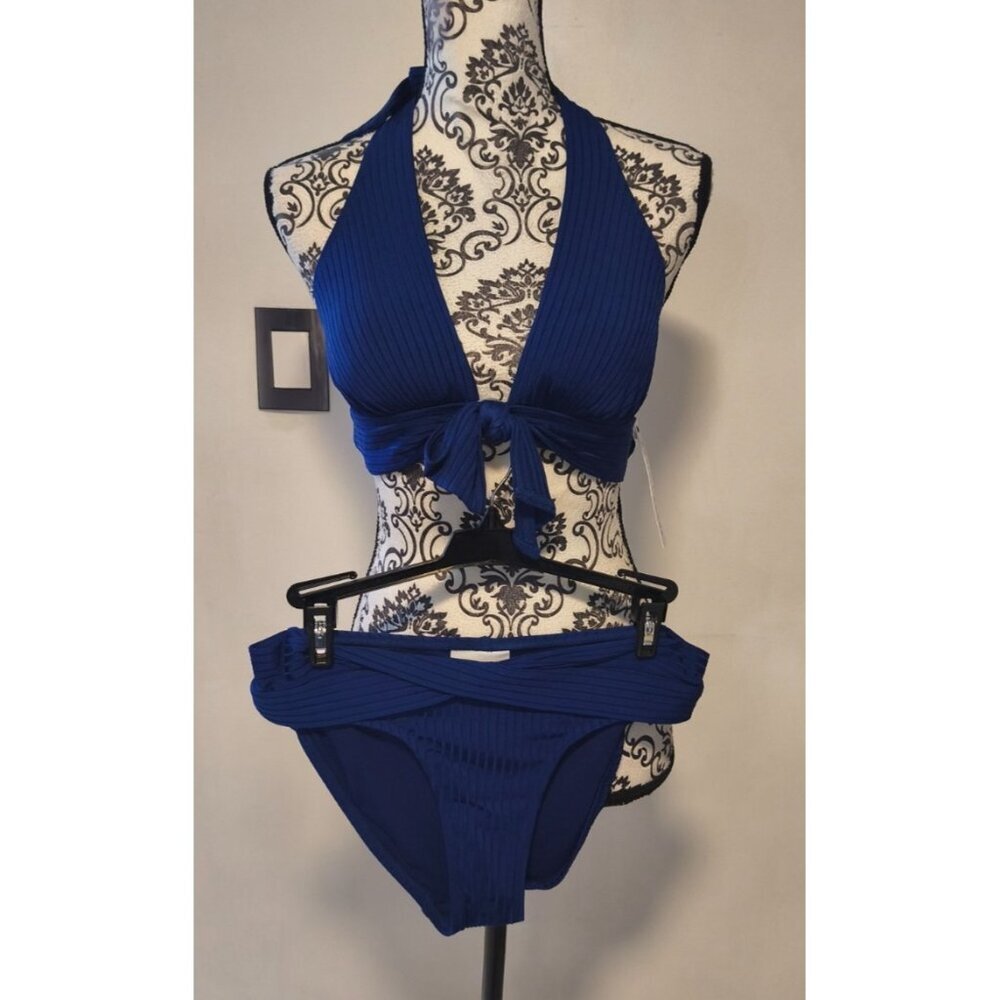 Robin Piccone Blue Ribbed Bikini Set Halter V Neck Mid Rise Sz M